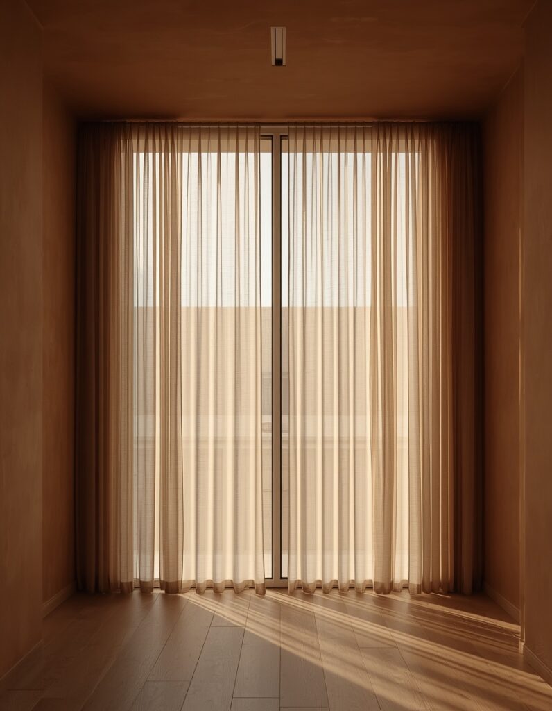 Floor-to-ceiling semi-sheer unbleached linen curtains diffusion natural daylight into a warm minimalist Japandi bedroom.
