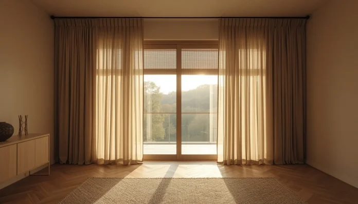 A Japandi living room with floor-to-ceiling sheer linen panels in undyed natural oat on ceiling-mounted matte black rods, morning light filtering through the linen weave creating a warm diffused glow across warm greige limewash walls