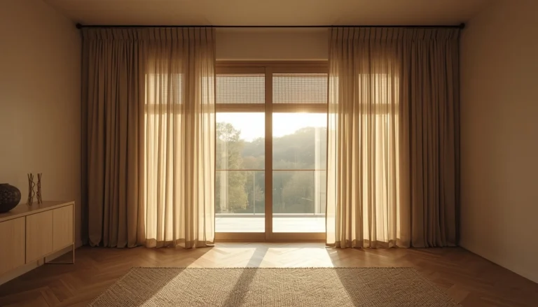 A Japandi living room with floor-to-ceiling sheer linen panels in undyed natural oat on ceiling-mounted matte black rods, morning light filtering through the linen weave creating a warm diffused glow across warm greige limewash walls