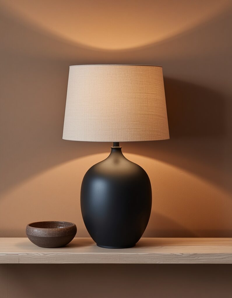 A matte black ceramic lamp base on a slim white oak console against warm greige limewash wall, natural linen drum shade glowing warm 2700K from within, one raku crackle-glaze ceramic bowl beside it — the matte black surface absorbing light completely with no reflection visible