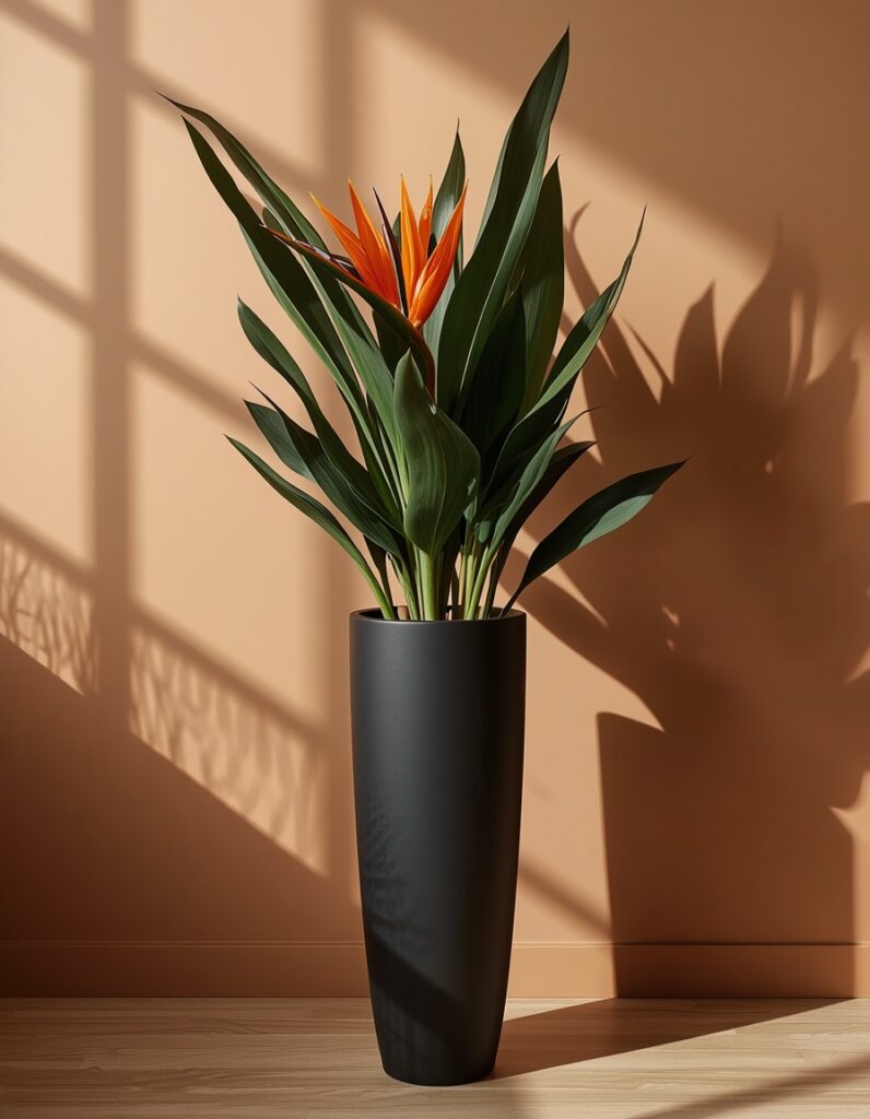 A matte black ceramic cylinder planter holding a bird of paradise plant in a corner where two warm greige limewash walls meet — the matte surface absorbing light completely with no reflection, the dramatic green leaves contrasting against the dark vessel and warm neutral walls