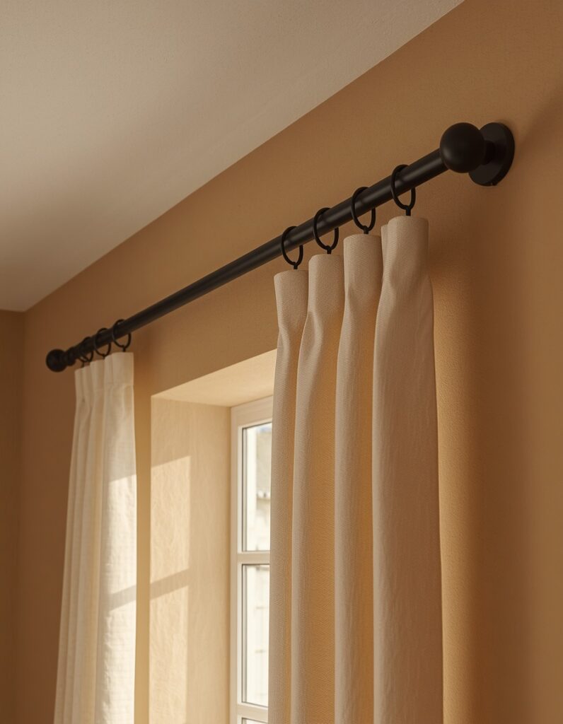 A slim matte black ceiling-mounted curtain rod against warm greige limewash wall with undyed natural linen panels hanging from matte black ring clips, morning light filtering through the linen, the rod extending 8 inches beyond the window frame on each side