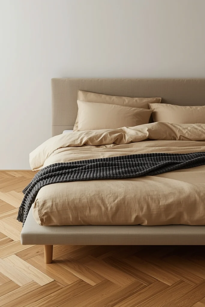 A low-profile minimalist platform bed in matte white oak with a linen upholstered headboard in warm oat, naturally rumpled stonewashed linen bedding, and one charcoal merino throw across the lower third with 24 inches of clear floor on each side