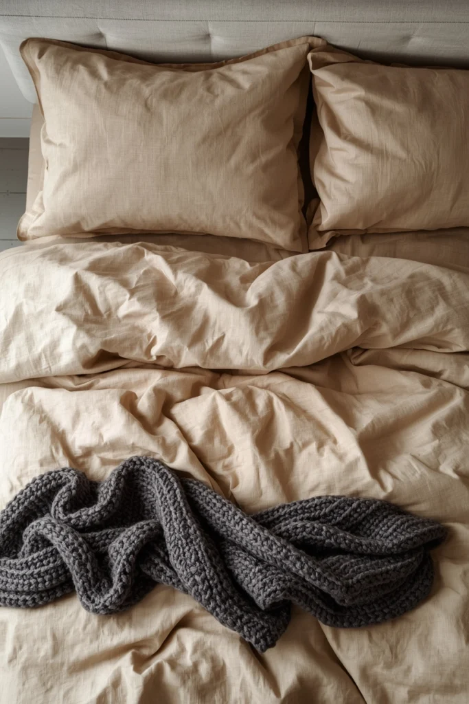 The complete minimalist bedding system — stonewashed linen fitted sheet and oversized duvet in warm flax, two flat euro shams against a linen headboard, and one chunky charcoal merino throw across the lower third