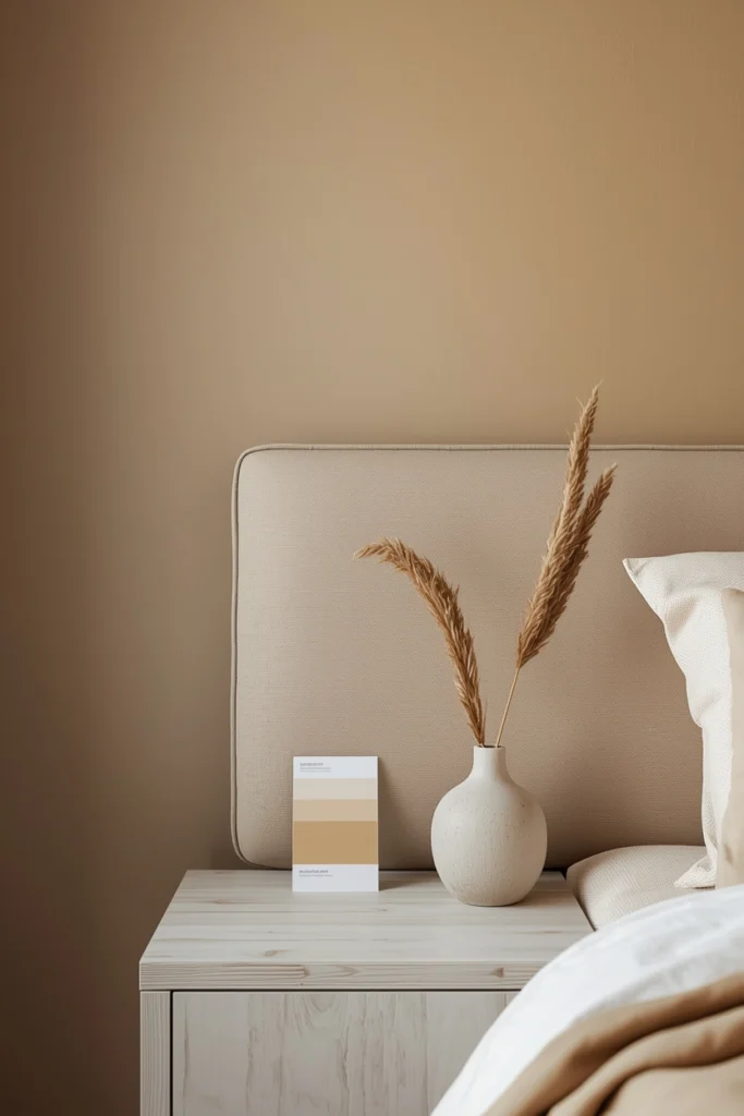 A minimalist bedroom color palette detail showing warm greige limewash wall harmonizing with a warm oat linen headboard and white oak nightstand, with paint swatches of warm white and greige showing their tonal relationship
