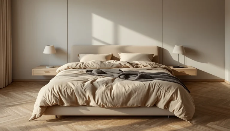 A complete minimalist bedroom with a low-profile white oak platform bed, naturally rumpled stonewashed linen bedding, a chunky merino throw across the lower third, wall-mounted nightstands with ceramic lamps, and warm greige limewash walls