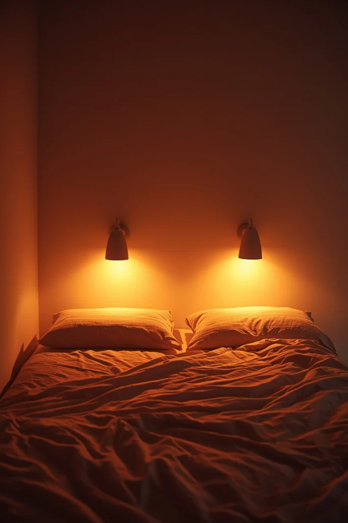 A minimalist bedroom at evening lit only by two matching handmade ceramic table lamps at 2700K positioned at shoulder height on wall-mounted nightstands, overhead light off, creating warm overlapping pools of reading light