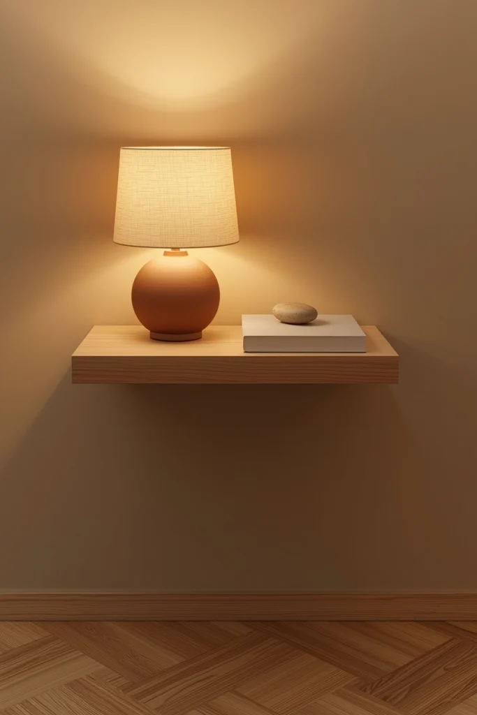 A minimalist wall-mounted white oak nightstand with exactly three items — a handmade ceramic lamp with linen shade at 2700K, one closed book, and one smooth river stone — floor completely clear beneath