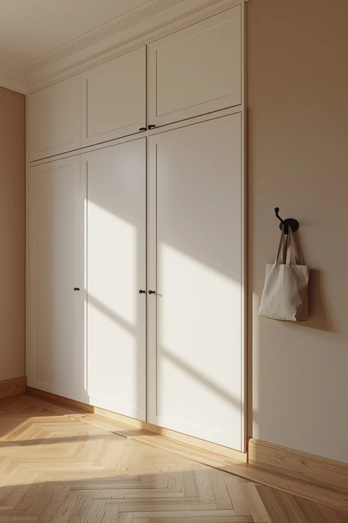 A floor-to-ceiling built-in minimalist wardrobe with matte white panel doors and slim matte black recessed pulls running the full wall width, floor completely clear in front, one matte black hook on the adjacent wall holding a single linen tote