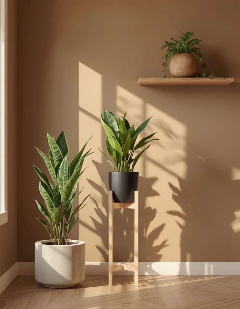 Three plant and planter combinations showing correct proportion at three scales — a 6-foot snake plant in a 16-inch concrete cylinder at floor level, a rubber plant in a 10-inch matte black ceramic on a plant stand at knee height, and a pothos in a 6-inch seagrass basket on a floating shelf — all demonstrating the heavy base principle