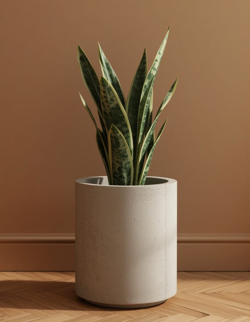 A raw concrete cylinder planter shot from a low angle showing its rough matte mineral surface texture absorbing morning light without reflection, a snake plant rising architecturally above it against a warm greige limewash wall