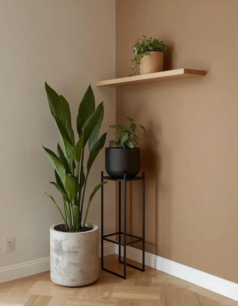 A Japandi corner plant arrangement at three heights — a snake plant in a raw concrete cylinder at floor level, a rubber plant in a matte black ceramic on a metal plant stand at knee height, and a trailing pothos in a seagrass basket on a white oak floating shelf — three materials, three heights, 18 inches of clear floor between each