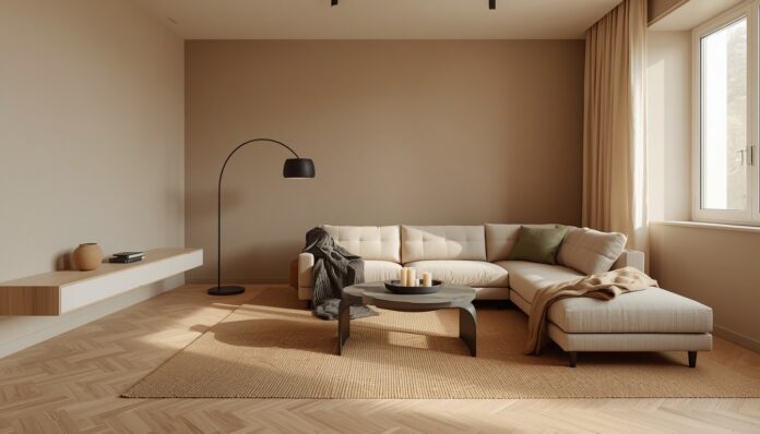 warm-minimalism-ideas-2026-complete-guide-hero A complete warm minimalist living room with warm greige limewash walls, white oak furniture, deep-seated oat linen sofa, chunky merino throw, matte black arc floor lamp as primary anchor, rattan pendant at 2700K, and natural linen panels on a ceiling-mounted matte black rod
