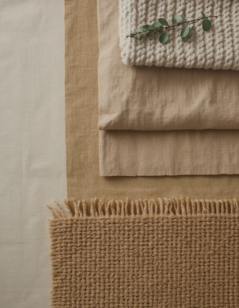 A warm minimalist textile flat lay on raw linen showing four layers from bottom to top — natural jute-wool rug weave, stonewashed linen in warm oat with natural crease, oat bouclé with visible looped texture, and chunky merino wool knit throw with thick stitch structure — with a dried eucalyptus sprig