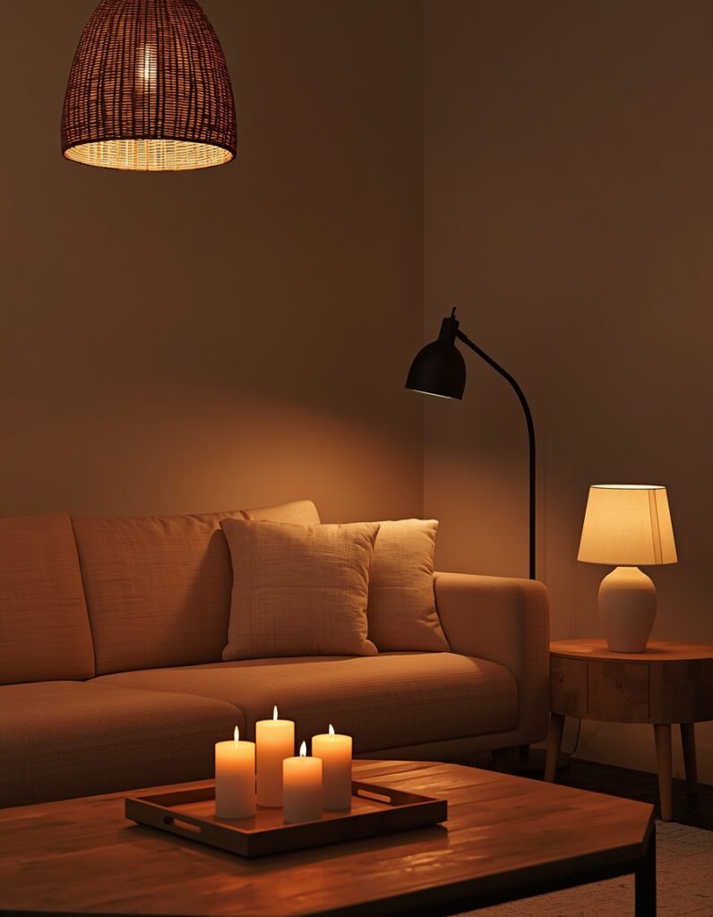 A warm minimalist living room at dusk with all four lighting layers active — rattan pendant at 2700K above, matte black arc floor lamp over the sofa, three beeswax candles at 1800K on the coffee table, ceramic table lamp below eye level — no overhead light, the room entirely lit by warm layered sources
