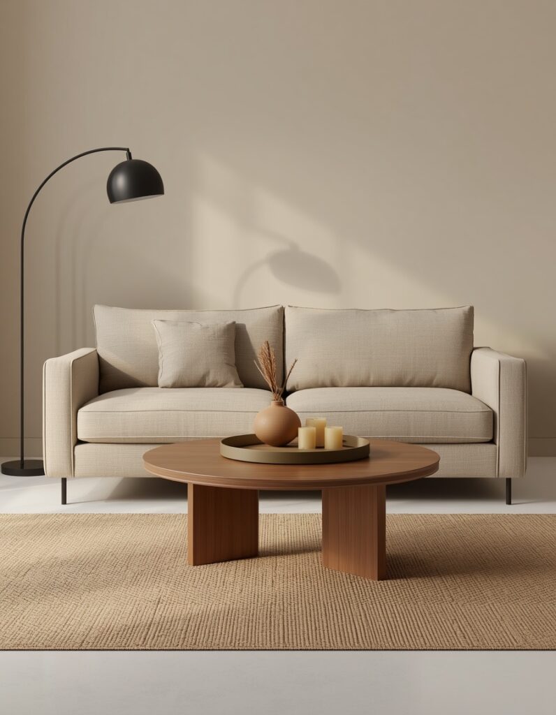 A completely edited warm minimalist living room showing a deep-seated oat linen sofa on a large natural jute rug, round walnut coffee table with ceramic vessel and beeswax candles, matte black arc floor lamp behind the sofa — nothing else, floor clear on both sides, warm greige limewash walls