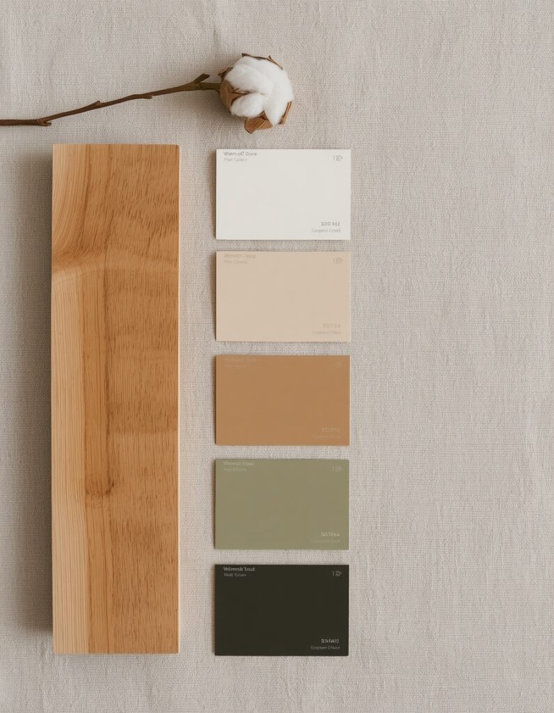 A warm minimalist paint palette flat lay on raw linen showing five paint chips from top to bottom — warm off-white, warm greige, deeper greige, muted sage green, and matte black — arranged beside a white oak wood sample showing how all five tones harmonize with warm undertone wood