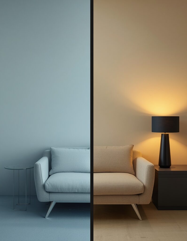 A split-panel comparison showing cold minimalism on the left — cool blue-gray wall, synthetic sofa, chrome hardware, flat overhead light — against warm minimalism on the right — warm greige limewash wall, oat linen sofa, matte black lamp base, warm 2700K glow — the undertone difference immediately visible