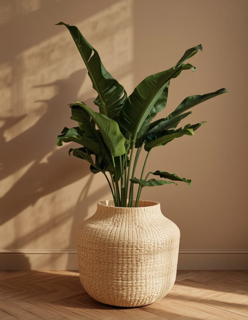 A large natural seagrass basket with irregular woven texture in warm tan tones holding a mature monstera deliciosa with deeply fenestrated leaves on light oak herringbone flooring — the organic weave pattern and natural color variation of the seagrass clearly visible in morning light