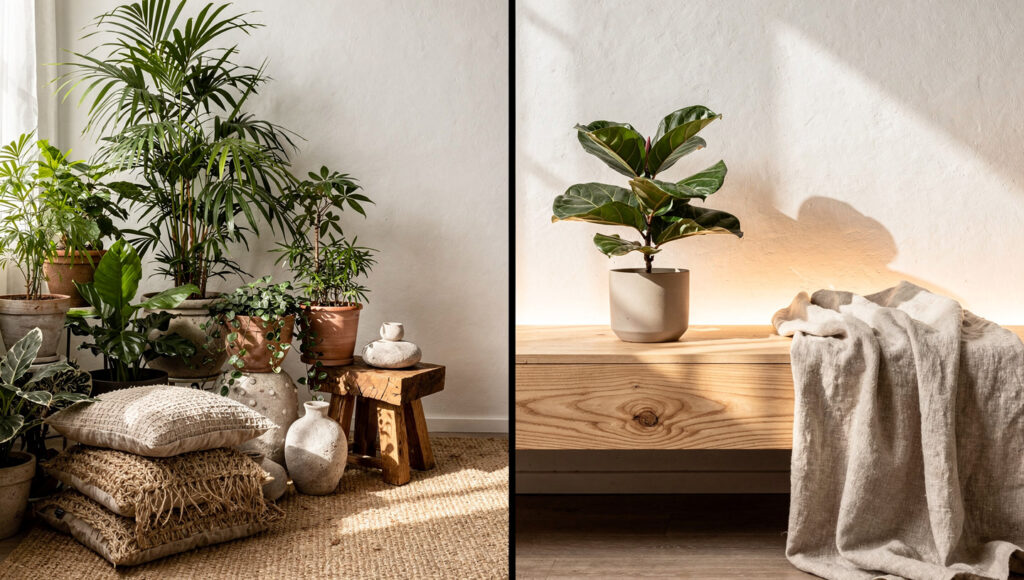 A split comparison showing two interpretations of biophilic design using identical materials — left an abundant maximalist version with many plants and layered textiles reading as lush but busy, right a restrained version with one large plant and one wood surface reading as calm and edited