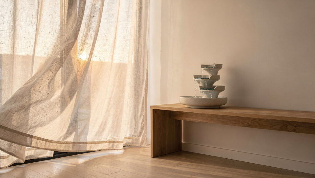 A room corner showing diffused daylight through sheer undyed linen curtains alongside a small ceramic tabletop water feature on a wooden console, the water catching and reflecting the soft light, both elements demonstrating natural movement and change rather than static illumination