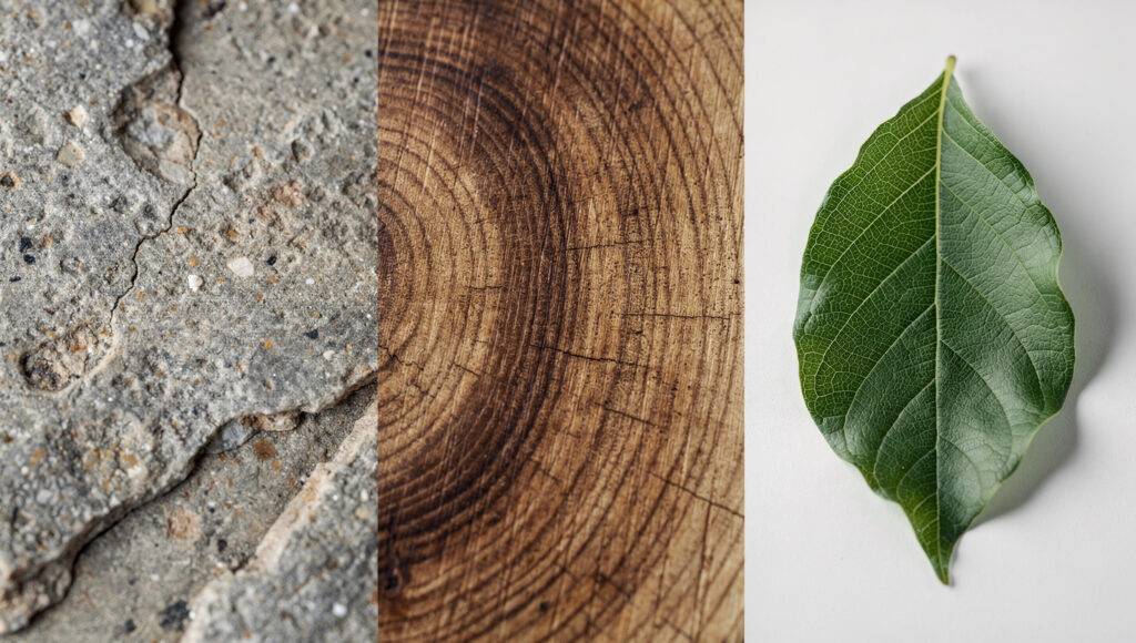 Three material textures shown in close macro detail side by side — a raw stone surface with natural mineral variation, a piece of wood with dramatic visible grain, and a single living leaf showing its vein structure, each material honest and unprocessed