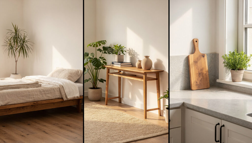 Three room vignettes side by side demonstrating the biophilic framework applied differently by room — a restrained bedroom corner with live-edge wood and one plant, a living room corner with slightly more material and plant presence, and a kitchen corner with stone texture and a functional herb plant