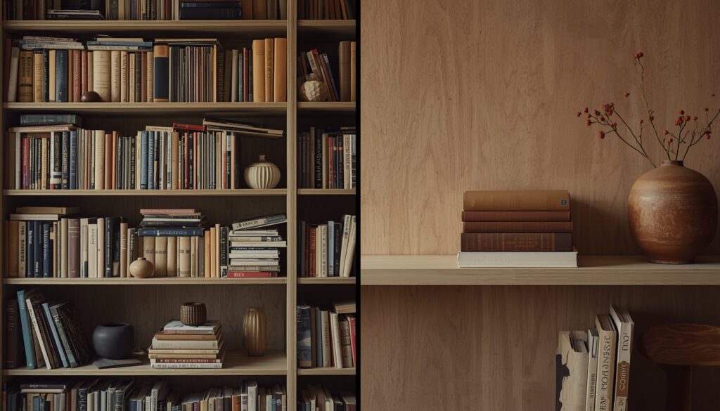 A split-panel comparison showing a cluttered bookshelf on the left with books of multiple colors and objects crowding every surface, versus a Japandi-composed shelf on the right with warm neutral books spine-out, one matte ceramic vessel, and 40% intentional negative space
