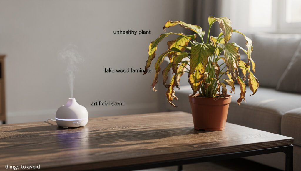 A room showing several common biophilic mistakes simultaneously — a struggling unhealthy plant, a faux wood-print laminate surface, and an artificial scent diffuser.
