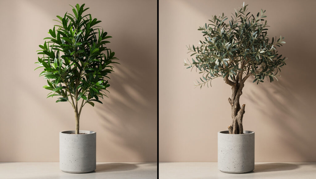 A split-panel comparison showing a cheap faux plant on the left with uniformly identical glossy leaves, perfect symmetry, and obvious specular highlights reading as artificial, versus a premium faux olive tree on the right with PE leaves showing natural color variation, asymmetric canopy, and real wood trunk reading as a living plant — both against the same warm greige limewash wall