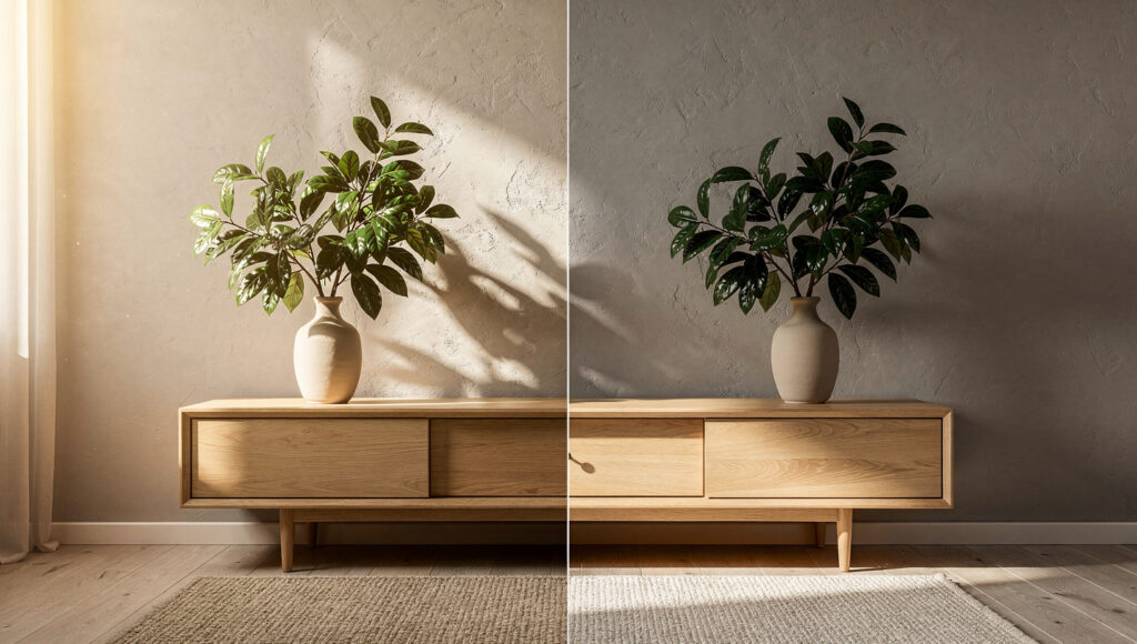 A side-by-side comparison of two faux plant leaf types in a Japandi room — glossy synthetic leaves on the left with obvious specular highlights from morning window light fighting the natural room materials, versus matte PE leaves on the right absorbing the same light with zero highlights and reading as organic against the warm greige limewash wall