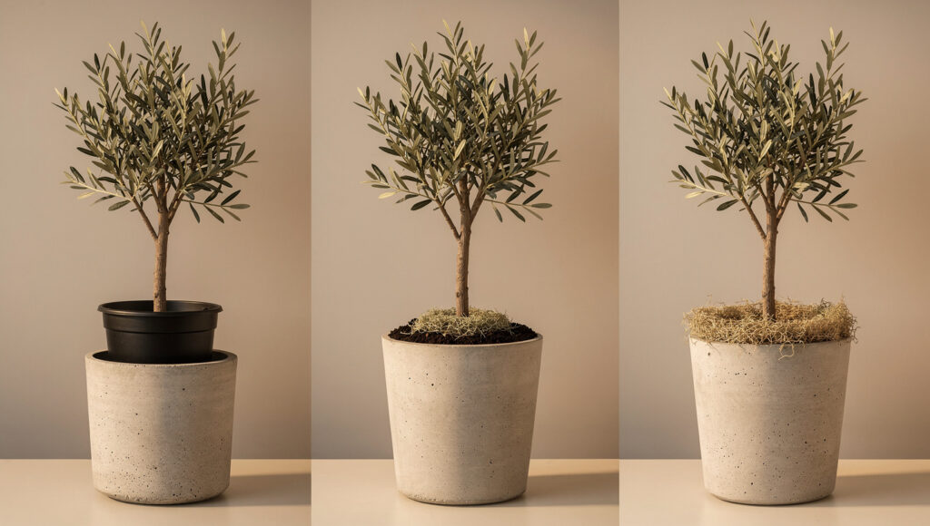 A three-panel horizontal sequence showing the faux plant potting illusion method — left panel showing faux olive tree in original black nursery pot inside a concrete planter with visible gap, center panel with gap being filled and tree stabilized, right panel showing the finished result with real potting soil and dried Spanish moss completely concealing the artificial base