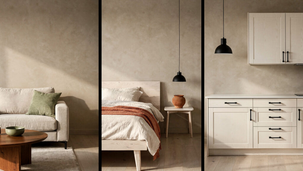 Three room vignettes side by side showing Japandi accent color assignment by room — sage green accent in a living room with oat sofa and ceramic bowl, terracotta accent in a bedroom with white linen and draped throw, and matte black accent in a kitchen with oak cabinets and hardware — all with the same warm greige limewash walls