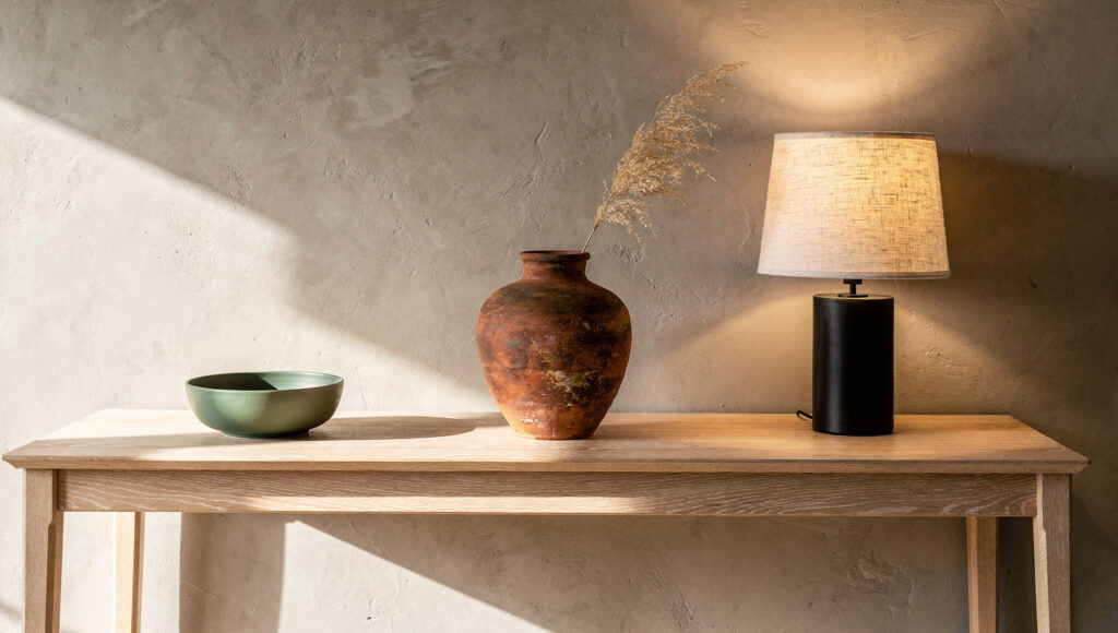 A white oak console showing three Japandi accent colors in close proximity — a sage green matte ceramic bowl left, an aged terracotta vessel with dried pampas stem center, and a matte black ceramic lamp base with linen shade right — all three related to the warm oak surface without matching