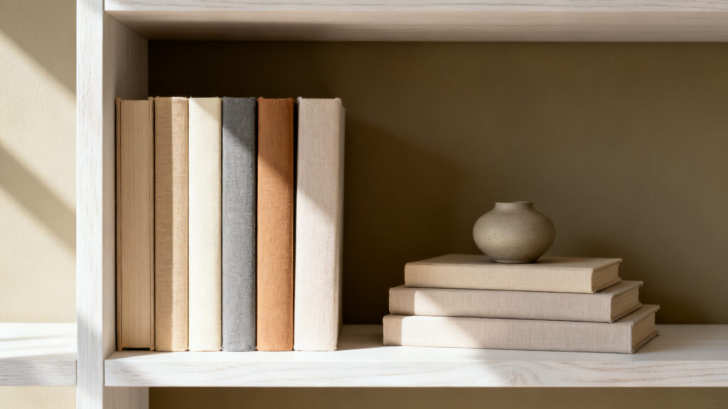 A white oak bookshelf showing the Japandi tonal spine-out book method — six books standing vertically with warm neutral toned spines in oat, cream, and warm gray on the left, and four books stacked horizontally in graduated heights on the right with a small matte ceramic object on top