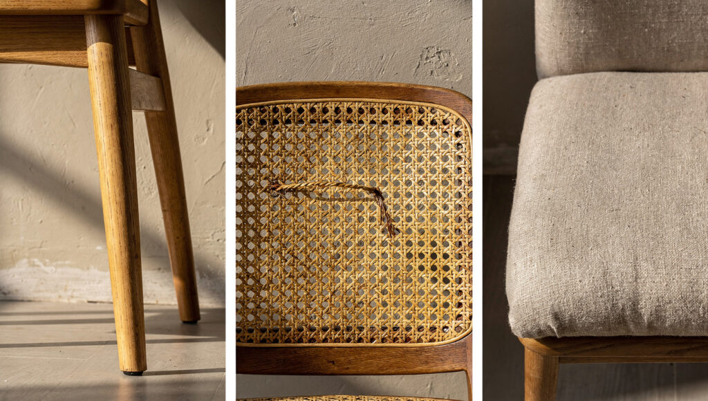 Three Japandi dining chair material aging samples side by side against warm greige limewash wall — solid ash showing natural deepening to warm honey tone with grain more pronounced, aged cane panel showing golden amber patina with one strand loosening honestly, and oat linen upholstery showing natural crease and softening from genuine use