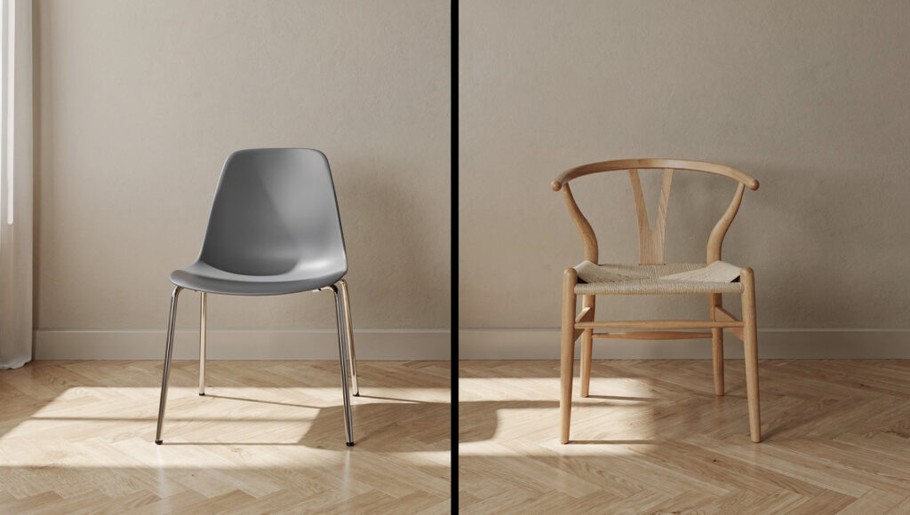 A split-panel comparison showing a dining chair that fails Japandi specifications on the left — chrome legs, molded plastic seat, synthetic upholstery — versus a solid ash wishbone chair on the right with woven paper cord seat and honest natural grain that passes every specification, both against the same warm greige limewash wall