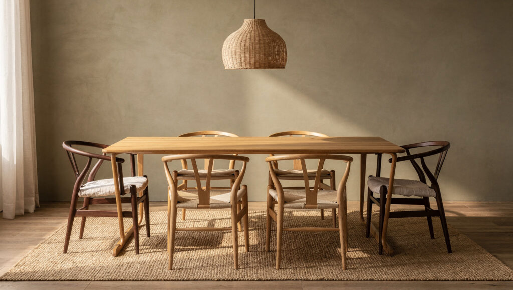 A Japandi rectangular dining table showing the correct mixed armchair arrangement — two dark walnut armchairs with linen seat pads at the table ends as the host positions, and four natural ash wishbone side chairs along the long sides as guest seating, all on a natural jute rug with a rattan pendant above