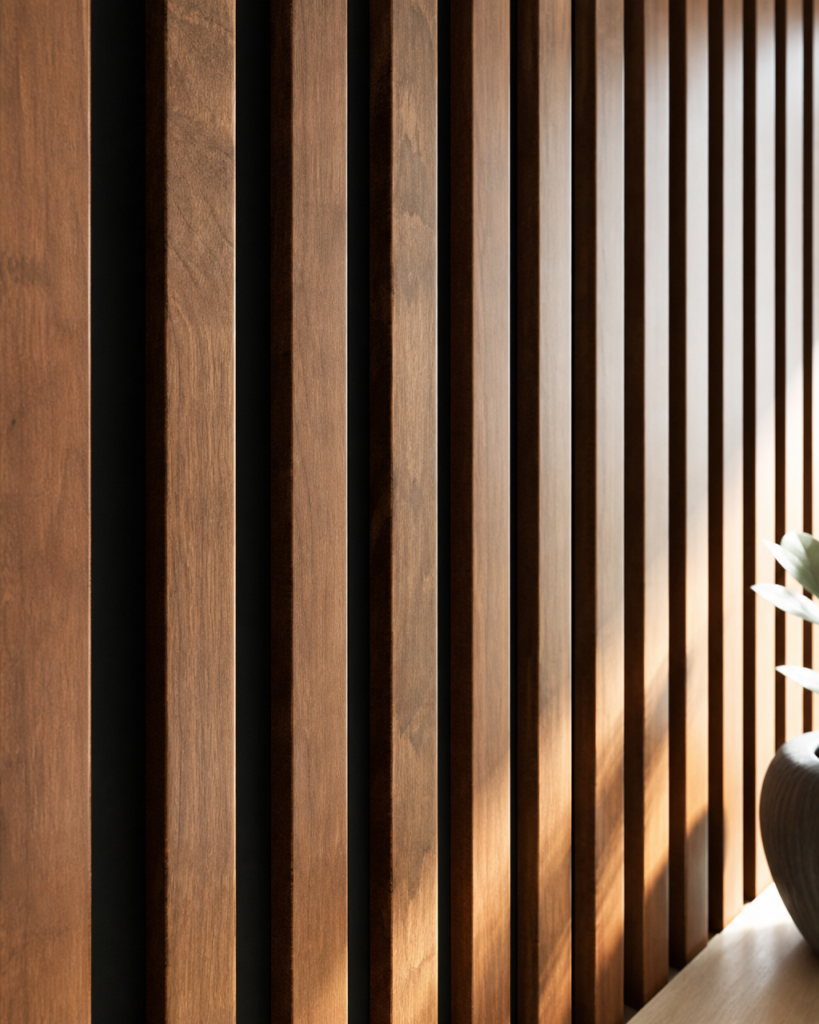 A DIY Japandi slat wall detail showing walnut-stained poplar wood slats with consistent gaps mounted on a matte black MDF substrate, the black background visible in the gaps creating dramatic shadow depth, afternoon light raking across to emphasize the three-dimensional relief