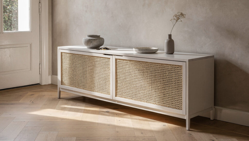 A slim white oak console table with woven cane front panels positioned perpendicular to a front door in a Japandi entryway, holding a ceramic vessel for keys, a small dish, and a dried botanical stem, the perpendicular placement interrupting the direct sightline from the door into the room