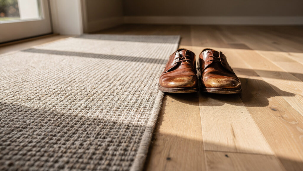 A close-up low angle view of a textured wool runner rug edge meeting light oak flooring with a clear material transition, one pair of shoes placed neatly at the rug's edge exactly where they were removed