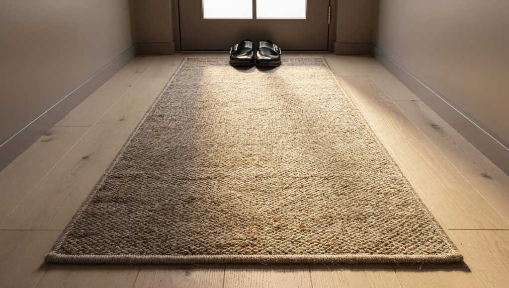 A textured low-pile wool runner rug measuring approximately 24 by 72 inches positioned perpendicular to a front door in a Japandi entryway, the natural fiber weave texture clearly visible against light oak flooring on either side, with shoes placed at the far end near the door