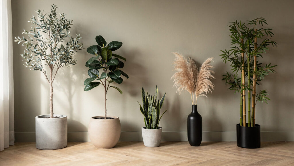 Five Japandi-appropriate faux plant species in a row against warm greige limewash wall — a faux olive tree in concrete planter, Ficus Audrey in matte stone ceramic, upright snake plant in concrete, dried pampas in slim matte black vase, and bamboo cluster in matte black cylinder — all on herringbone oak flooring with clear space between each
