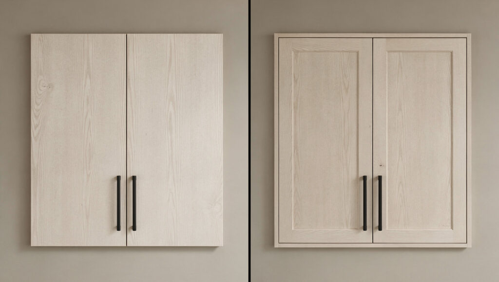 A split-panel comparison showing flat-panel white oak cabinet doors on the left with uninterrupted rift-sawn grain surfaces reading as Japanese in character, versus shaker doors in the same white oak on the right with a narrow 1.5-inch frame adding one level of visual complexity reading as Scandinavian-transitional — both with matte black bar pulls against the same warm greige wall