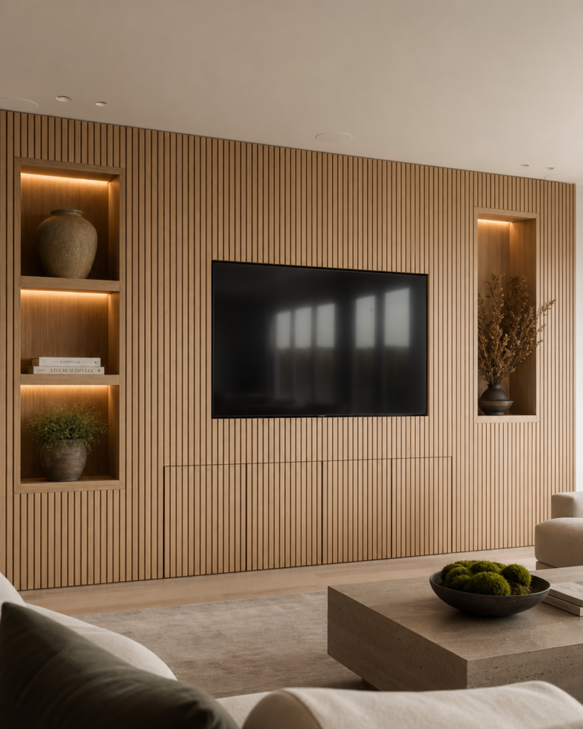 A full renovation Japandi media wall spanning the full room width with floor-to-ceiling white oak slats, integrated open shelving sections flanking a flush-mounted television, concealed equipment cabinet below with finger-pull matching doors, and warm 2700K integrated LED lighting