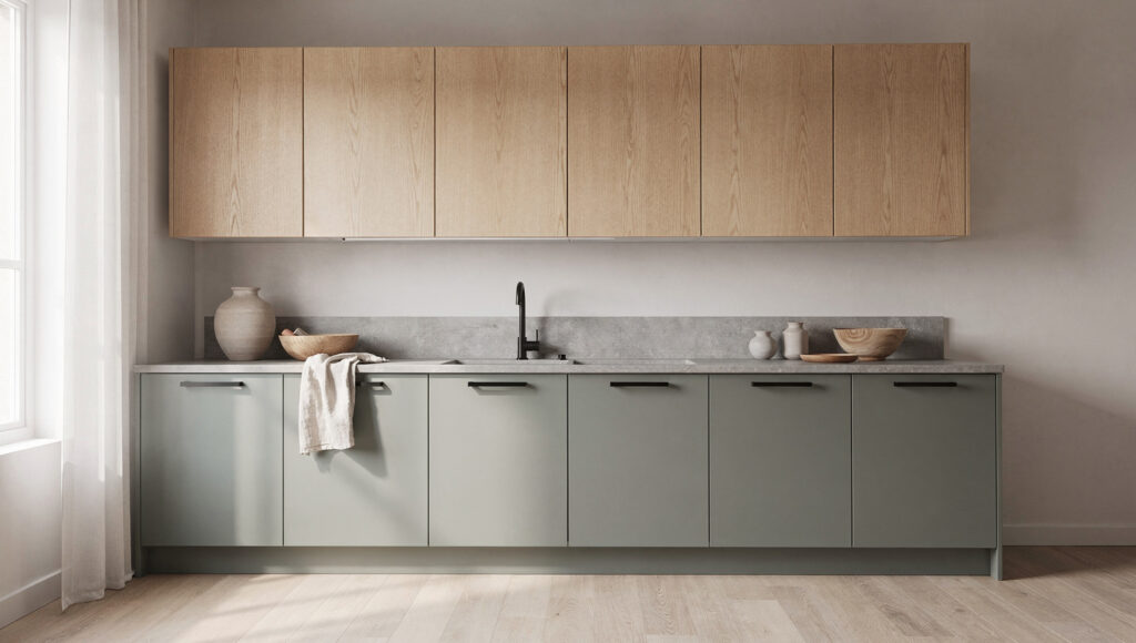 An IKEA SEKTION kitchen modified to read as authentic Japandi — custom white oak veneer flat-panel door fronts from a third-party supplier on the upper cabinets, IKEA AXSTAD matte gray-green doors on the lower cabinets, aftermarket slim matte black bar pulls replacing original hardware throughout, and a honed concrete-effect quartz countertop