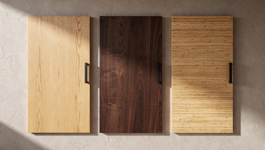 Three Japandi kitchen cabinet wood species displayed side by side against warm greige limewash wall — rift-sawn white oak with straight vertical grain and medullary ray fleck, American walnut with rich chocolate-brown sweeping grain, and natural bamboo with linear horizontal grain — all flat-panel matte finish with slim matte black bar pulls