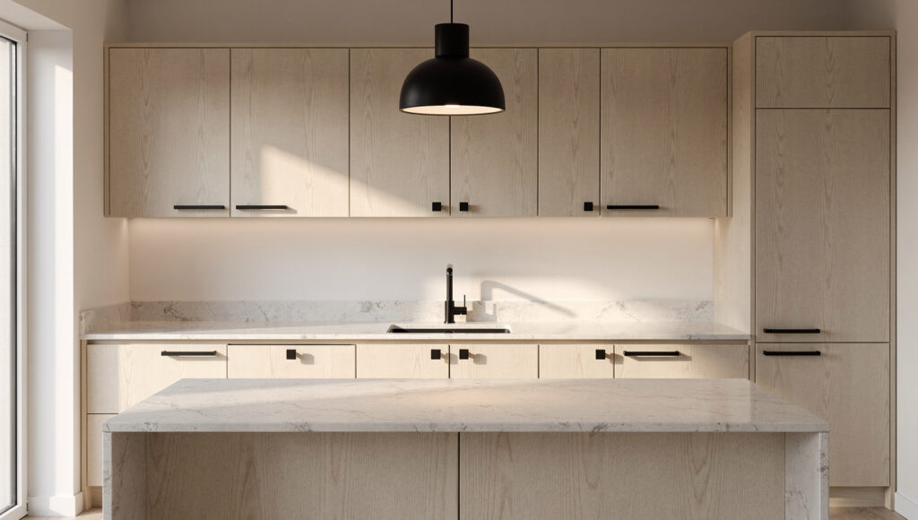 A Japandi kitchen showing matte black deployed across three structural hardware elements — slim matte black bar pulls on white oak flat-panel cabinet doors, a matte black single-handle faucet, and one matte black pendant above the island — all absorbing light completely with no specular highlight against warm oak and white surfaces