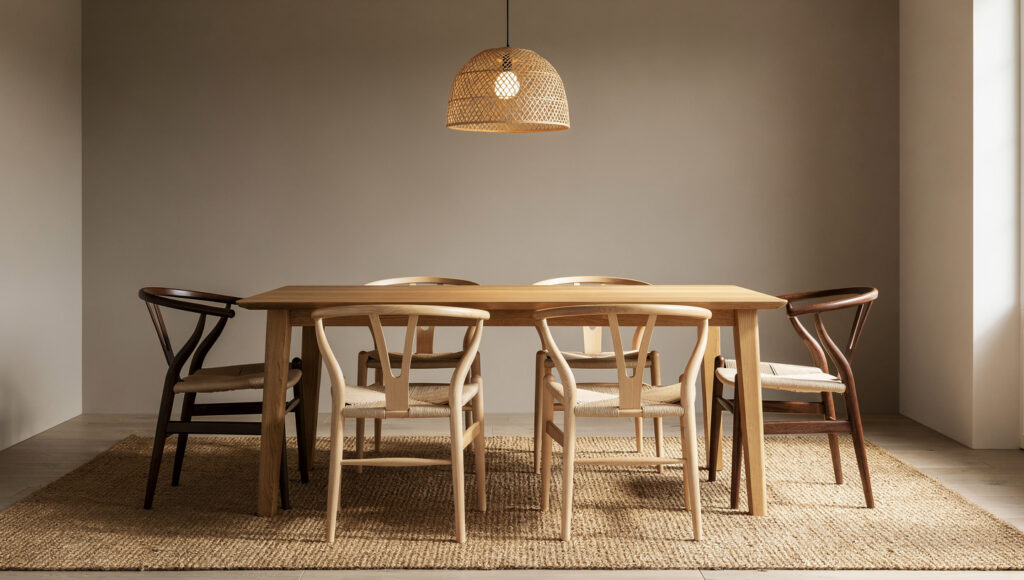 A Japandi rectangular dining table with a deliberate mixed chair arrangement — two dark walnut wishbone chairs at the table ends clearly distinguishable from four natural pale ash wishbone chairs along the sides, all the same Y-form family but with an unambiguous material contrast that reads as an intentional design decision rather than a mismatch