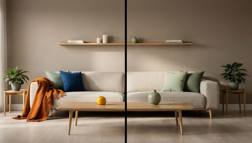 A split-panel comparison showing two identical Japandi rooms — left with multiple competing accent colors (blue cushion, orange throw, yellow ceramic, green plant) reading as assembled and unsettled, right with only sage green as the single accent color reading as calm and composed